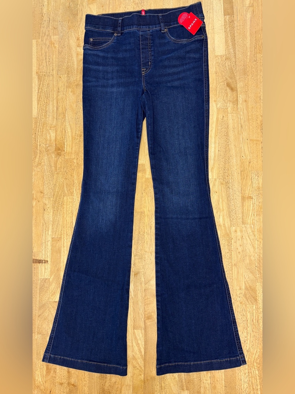 SPANX High Rise Pull On Flare Jeans Midnight Wash Medium M 34" Inseam NWT